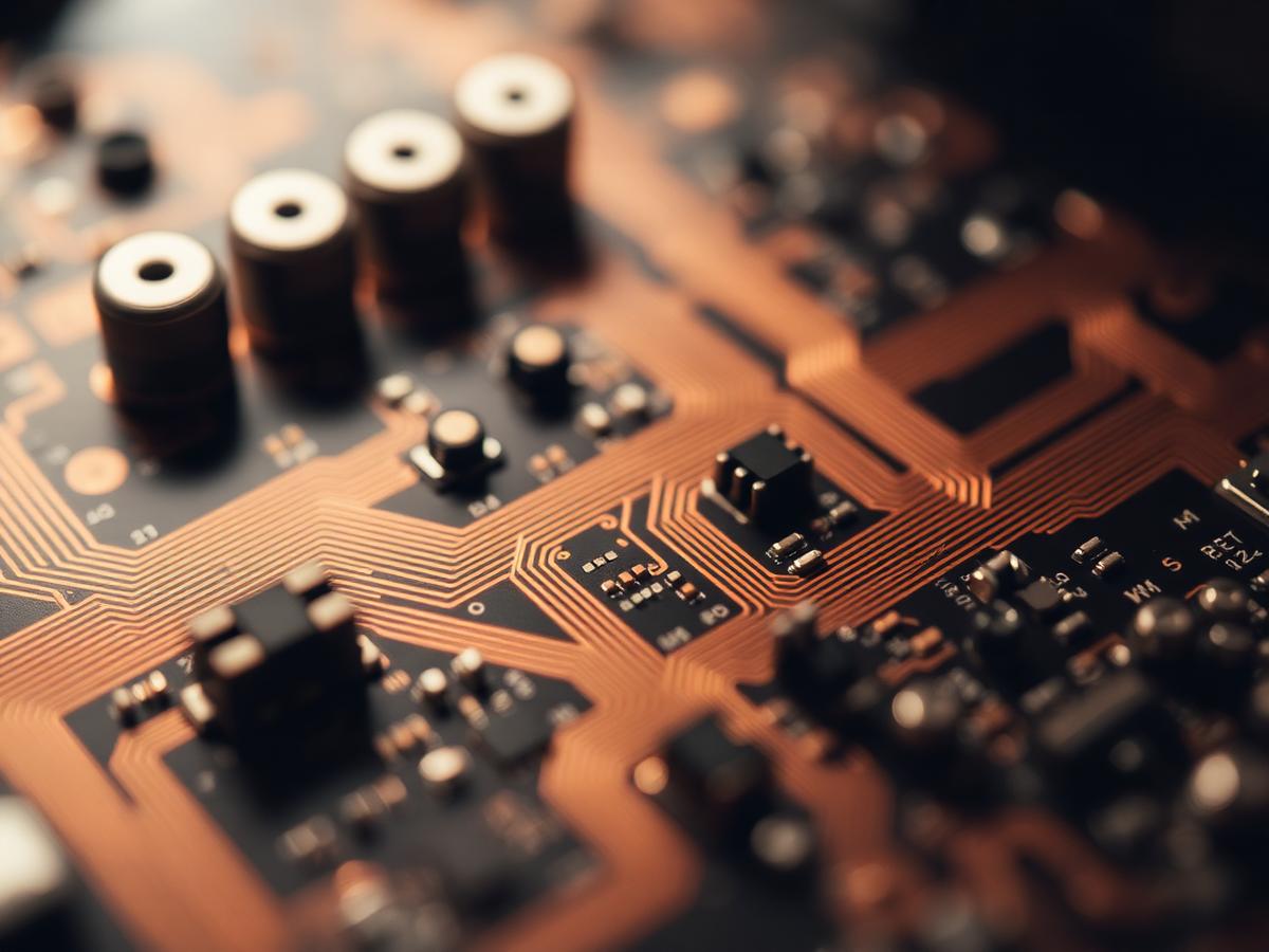 Copper traces and small surface-mount components on a circuit board, lit by warm light