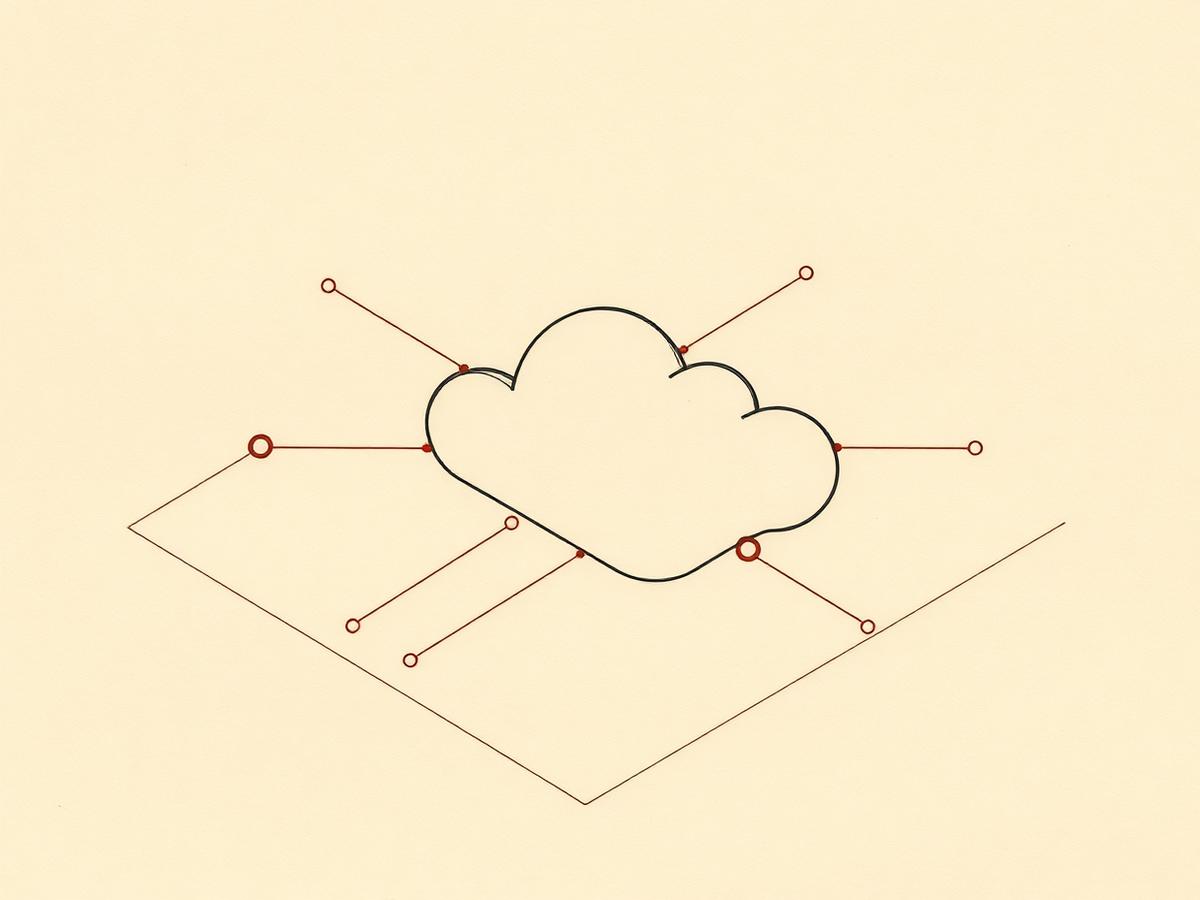 Line diagram of a cloud service with connected infrastructure nodes on warm cream paper