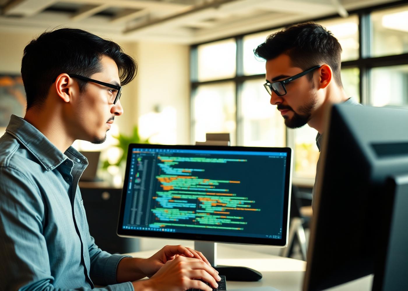 Two software engineers reviewing code together on a monitor in a sunlit office