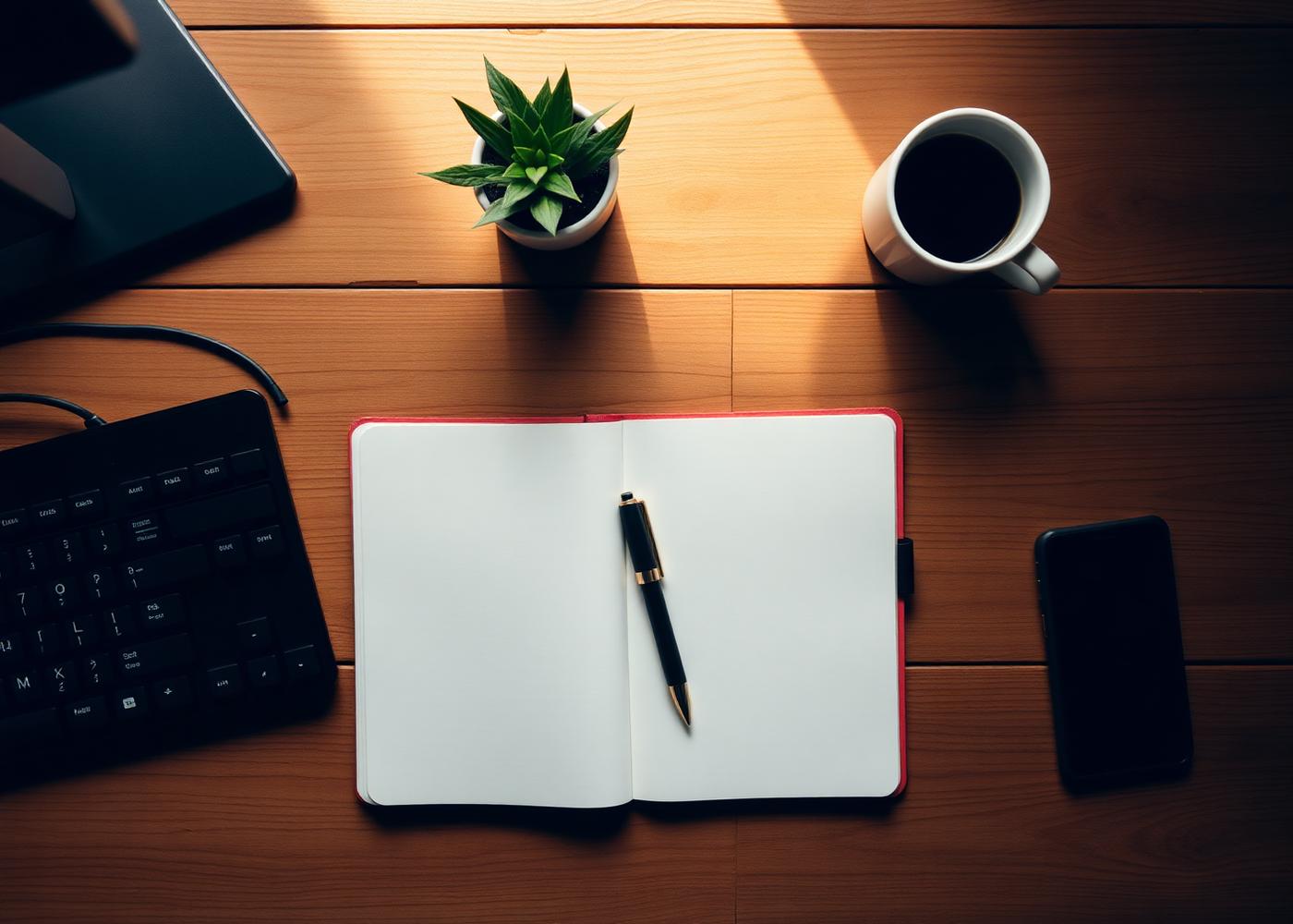 Overhead view of a developer workspace with keyboard, notebook and coffee cup on a wooden desk